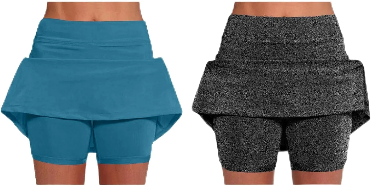 2 Pack Womens Athletic Skirts Basic Running Skorts Lightweight High Waisted Gym Workout Skirt with Built in Shorts