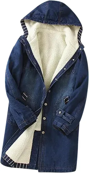 2024 New Women's Hoodies Button Down Sherpa Fleece Lined Coats Mid-Long Oversized Denim Trucker Jacket Outwear