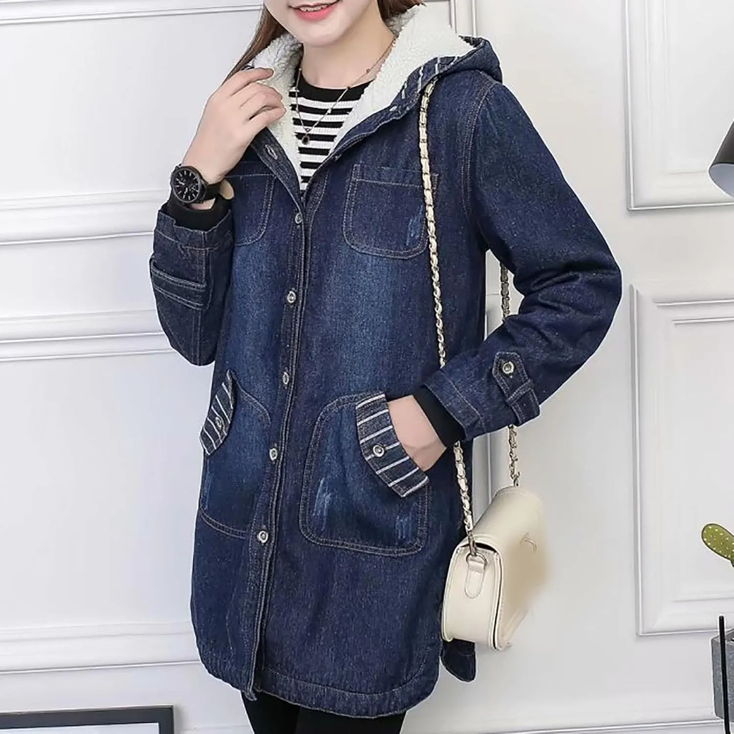 2024 New Women's Hoodies Button Down Sherpa Fleece Lined Coats Mid-Long Oversized Denim Trucker Jacket Outwear