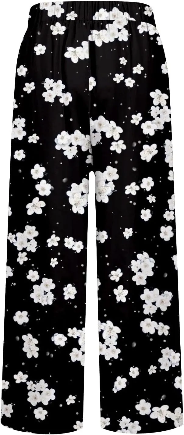 2025 Cotton Linen Pants for Women Summer Elastic Waist Cute Floral Print Straight Leg Slack Trousers with Pockets