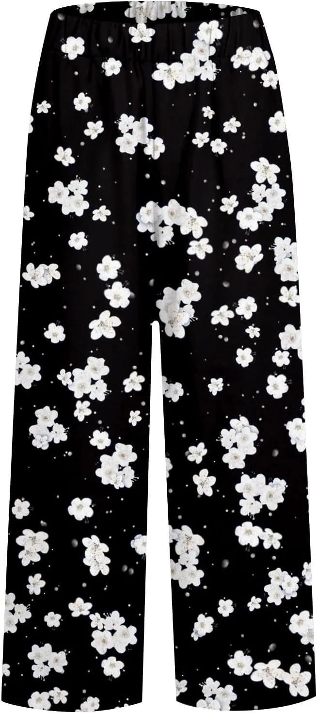 2025 Cotton Linen Pants for Women Summer Elastic Waist Cute Floral Print Straight Leg Slack Trousers with Pockets