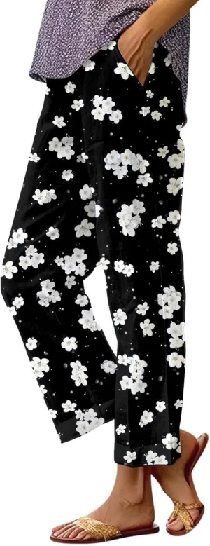 2025 Cotton Linen Pants for Women Summer Elastic Waist Cute Floral Print Straight Leg Slack Trousers with Pockets