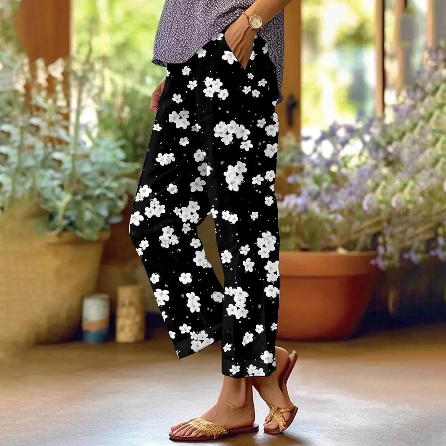 2025 Cotton Linen Pants for Women Summer Elastic Waist Cute Floral Print Straight Leg Slack Trousers with Pockets