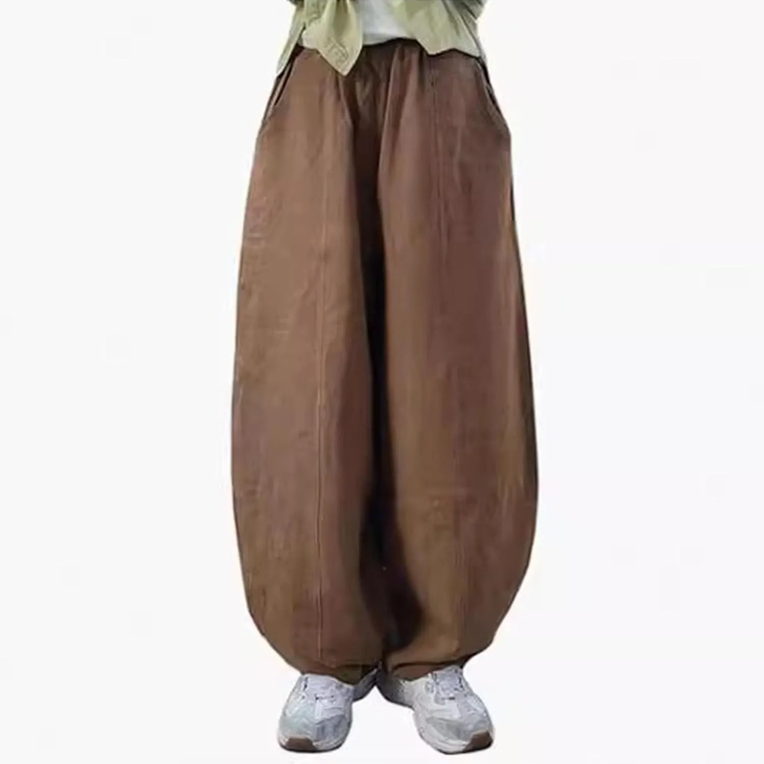2025 Elastic Waist Bloomers Women's Linen Trousers Pockets Commuter Loose Pants Fashion Slim Casual Pants