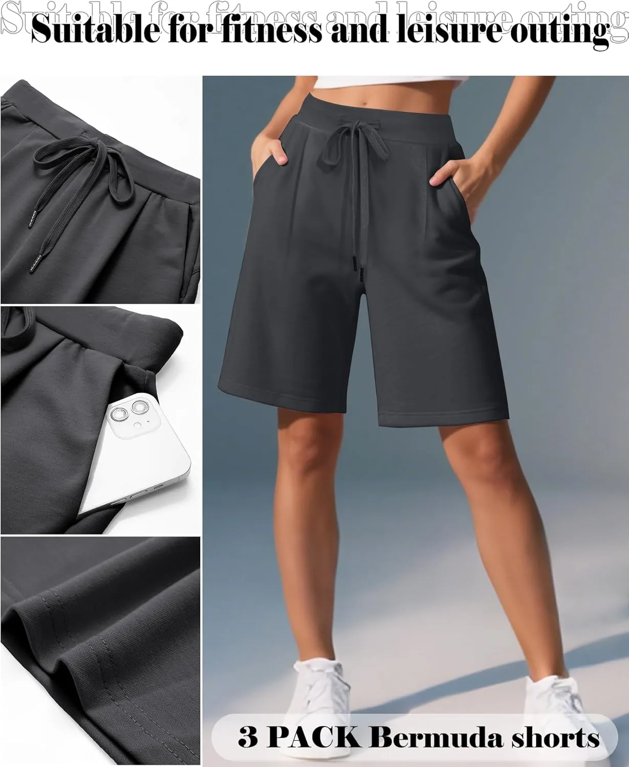 3 Pack Women's Bermuda Shorts Drawstring Casual Lounge Elastic Waist Athletic Yoga Running Shorts with Pockets