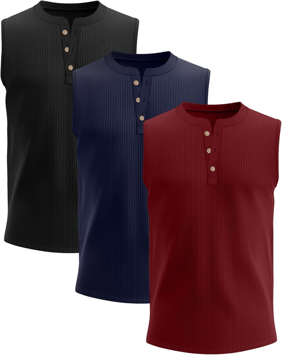 3 Pcs Men's Big and Tall Tank Top Ribbed Plus Size Sleeveless Henley Shirt Crewneck T Shirt 1X-5X