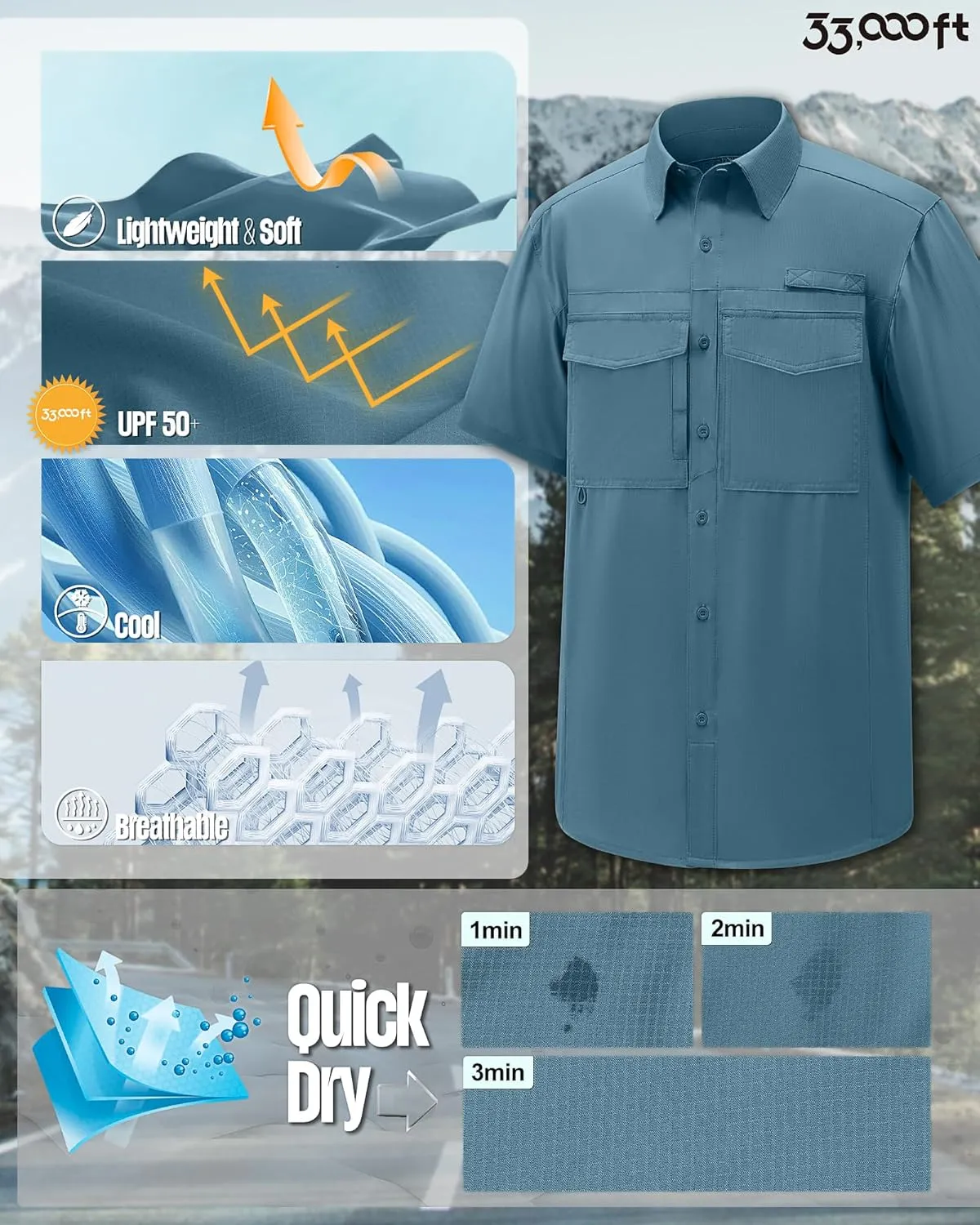 33,000ft Men's Fishing Shirts Lightweight Cool Quick Dry Sun Protection UV Short Sleeve Shirt for Casual Hiking Safari Travel