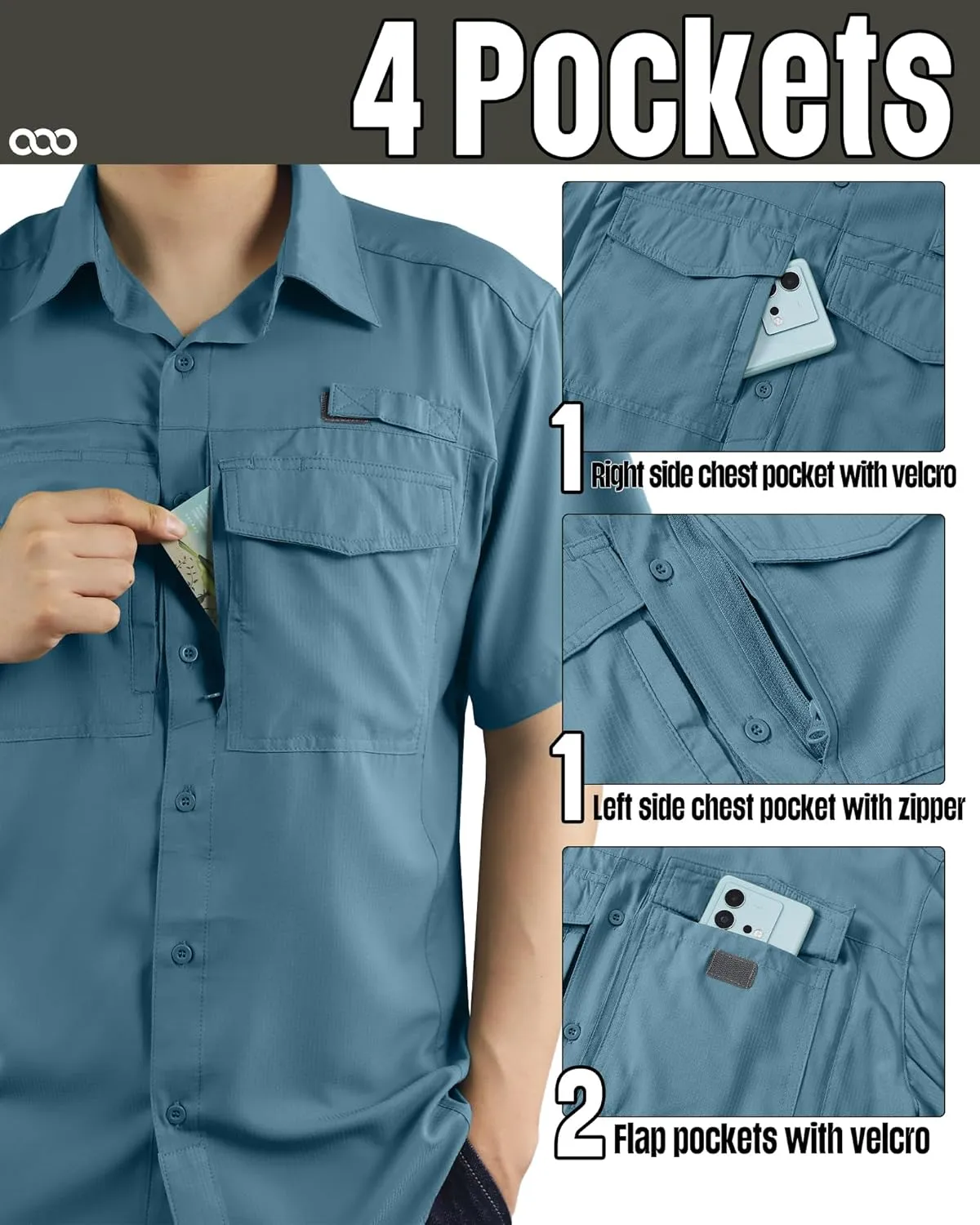 33,000ft Men's Fishing Shirts Lightweight Cool Quick Dry Sun Protection UV Short Sleeve Shirt for Casual Hiking Safari Travel