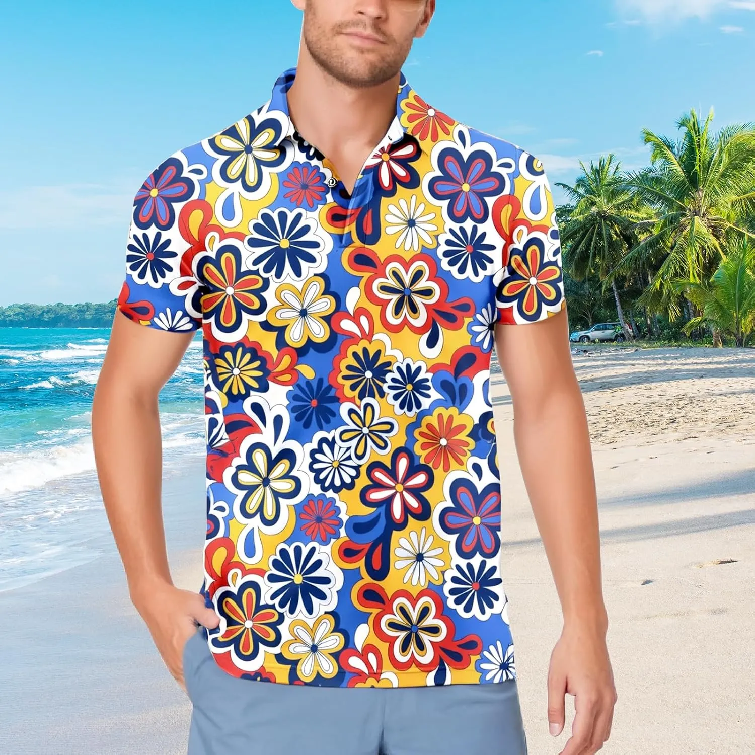 70s Outfits for Men Golf Polo Shirts Short Sleeve Disco Retro Paisley Button Vintage Dry Fit Funny Clothes