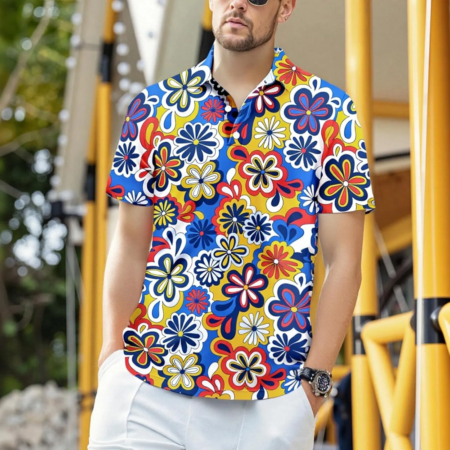 70s Outfits for Men Golf Polo Shirts Short Sleeve Disco Retro Paisley Button Vintage Dry Fit Funny Clothes