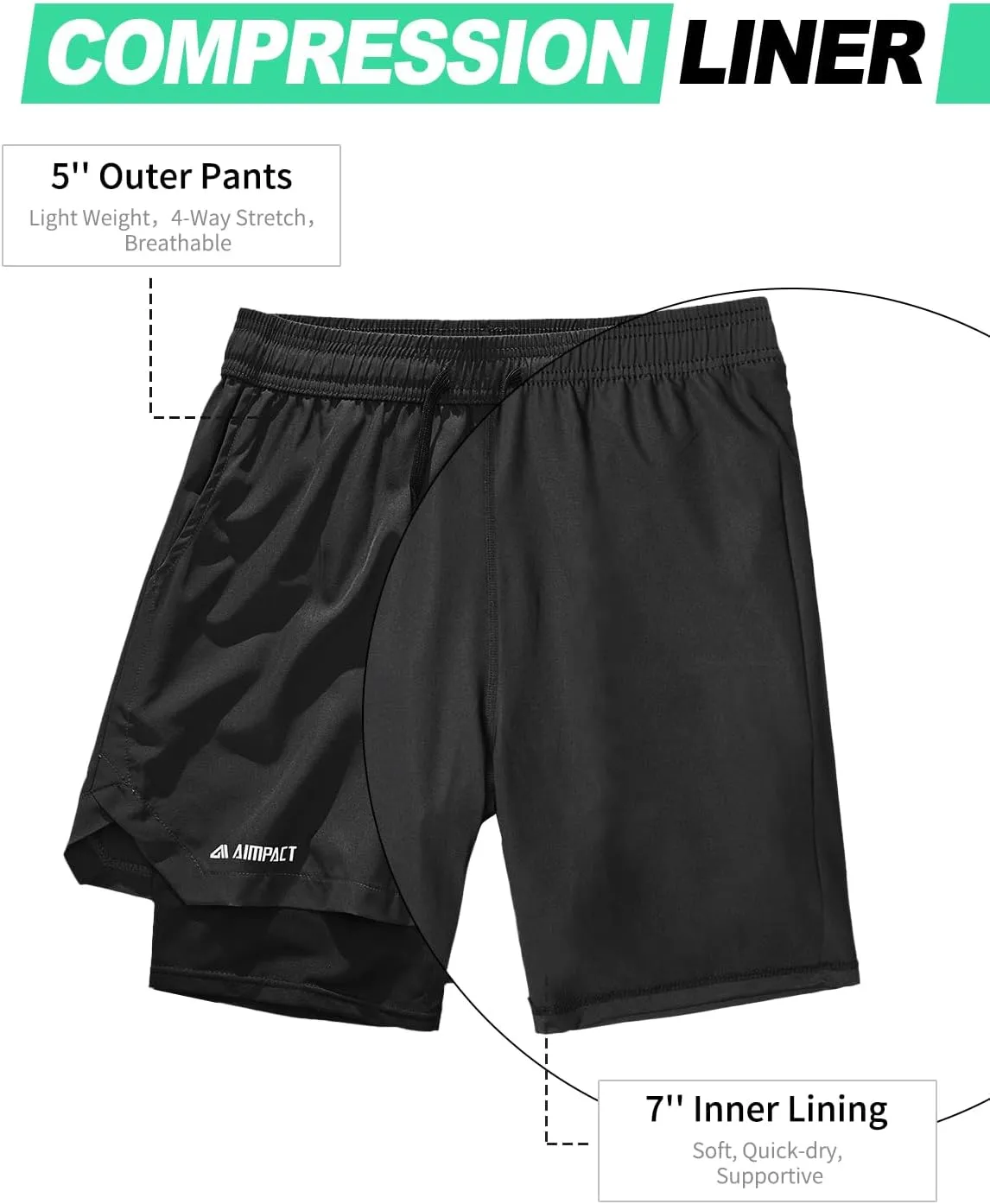 AIMPACT Mens 2 in 1 Shorts 7" Compression Gym Athletic Workout Shorts for with Phone Pockets