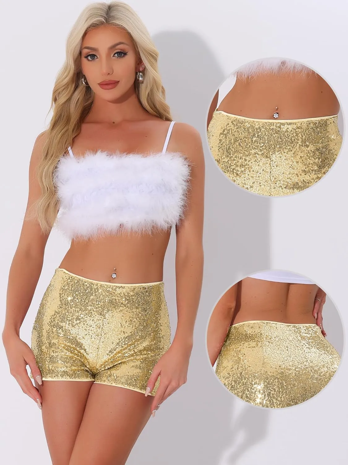 Allegra K Sequin Shorts for Women's Midrise Solid Zipper Elastic Waist Sparkle Cocktail Night Out Shorts