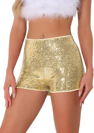 Allegra K Sequin Shorts for Women's Midrise Solid Zipper Elastic Waist Sparkle Cocktail Night Out Shorts