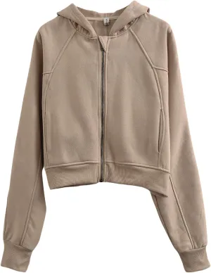 Amazhiyu Women' s Fleece Oversized Full-Zip Cropped Hoodie Winter Crop Top
