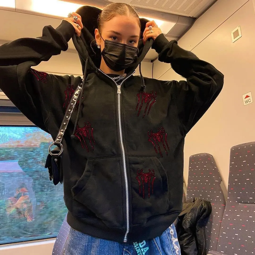 Aopwsrlyi Women's Zip Up Hoodie Y2k Vintage Graphic Oversized Hooded Sweatshirt Punk Jackets Goth Harajuku Streetwear