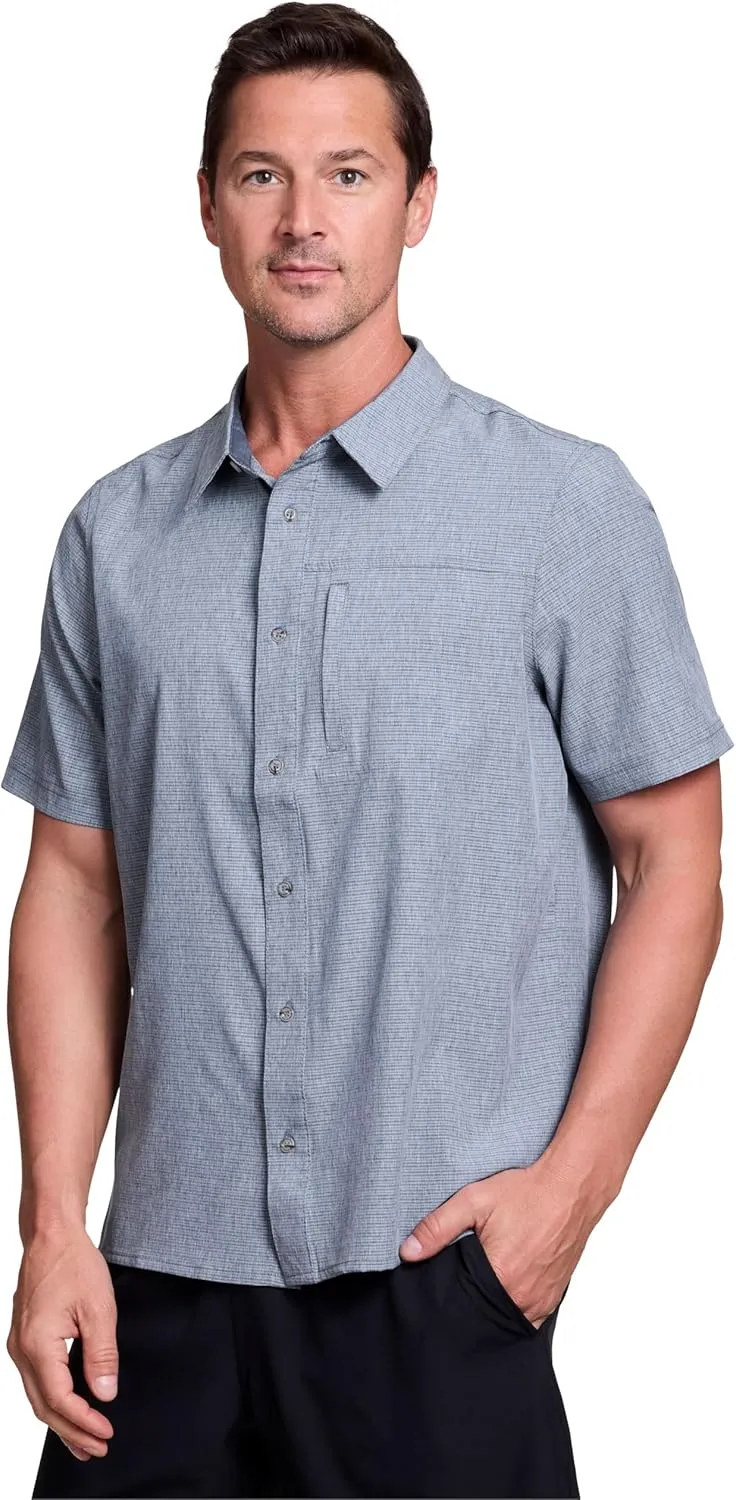 Avalanche Hiking Shirt for Men, Short Sleeve Heathered Stripe Quick Drying Woven Collared Button-Up Shirt, Zipper Pocket