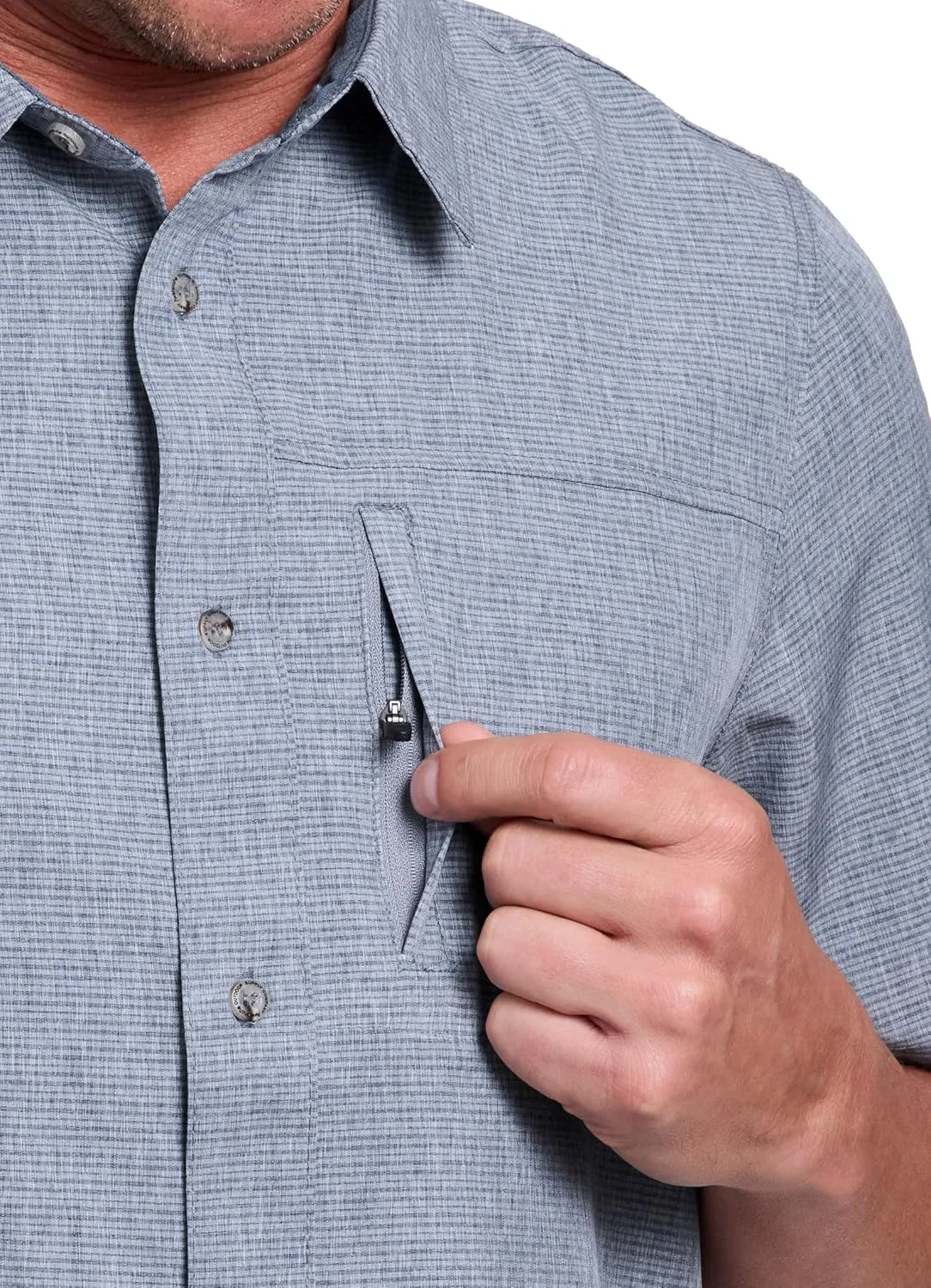 Avalanche Hiking Shirt for Men, Short Sleeve Heathered Stripe Quick Drying Woven Collared Button-Up Shirt, Zipper Pocket