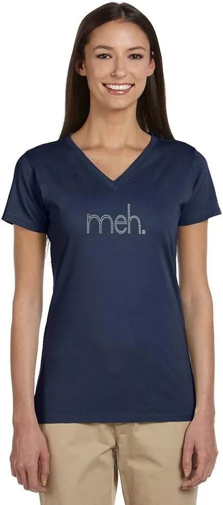 Awesome Graphics Meh Studded Organic Woman's V-Neck T-Shirt (Large,Iris)