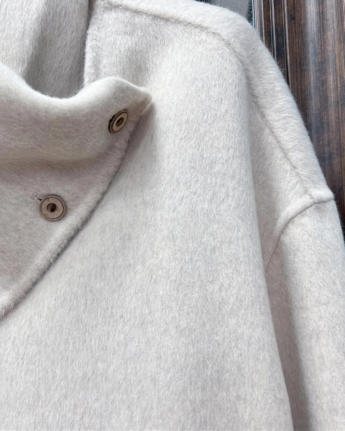 Babalet Wool Blend Double-faced Women Wool Pea Coat Button Scarf Casual Coat Trench Coat Handmade Winter Pockets Jacket
