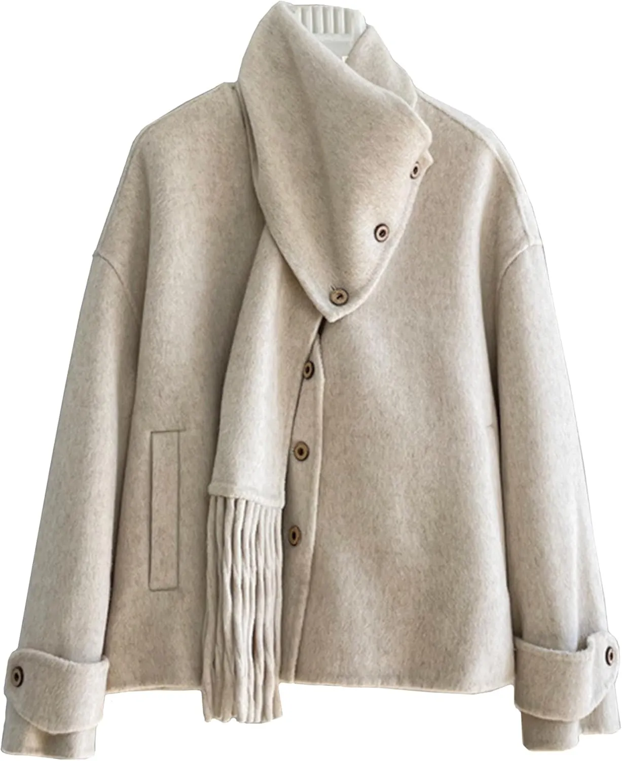 Babalet Wool Blend Double-faced Women Wool Pea Coat Button Scarf Casual Coat Trench Coat Handmade Winter Pockets Jacket