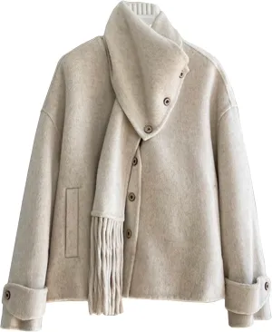 Babalet Wool Blend Double-faced Women Wool Pea Coat Button Scarf Casual Coat Trench Coat Handmade Winter Pockets Jacket