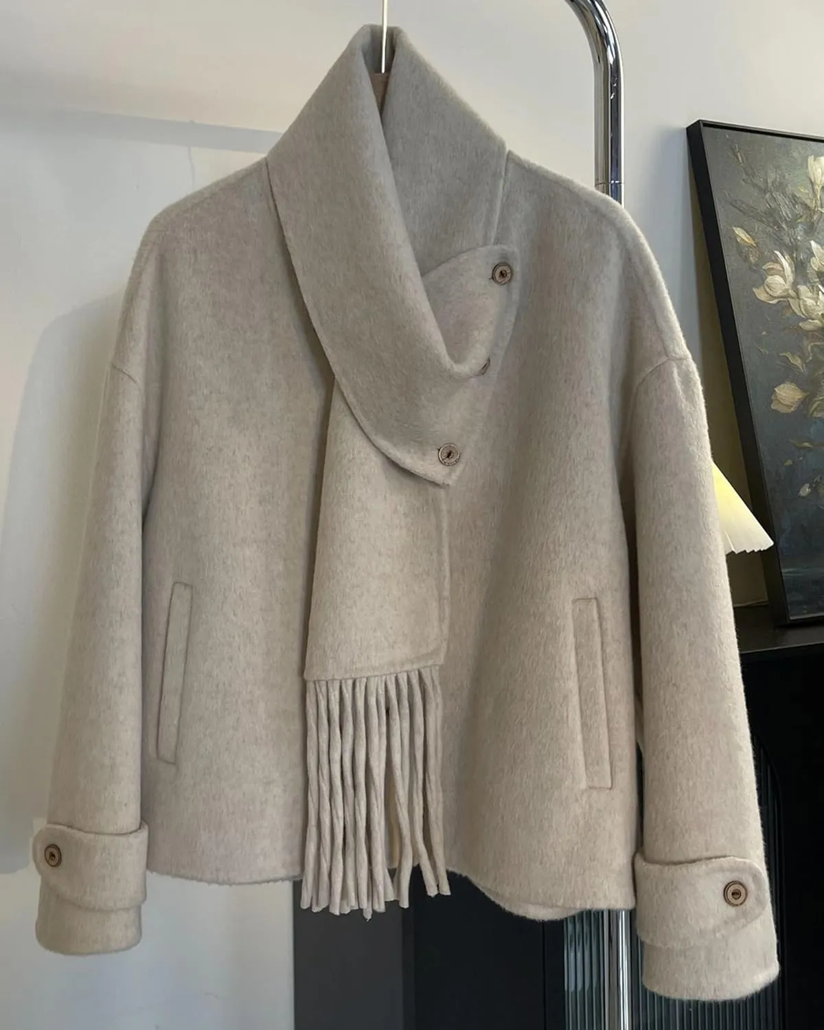 Babalet Wool Blend Double-faced Women Wool Pea Coat Button Scarf Casual Coat Trench Coat Handmade Winter Pockets Jacket