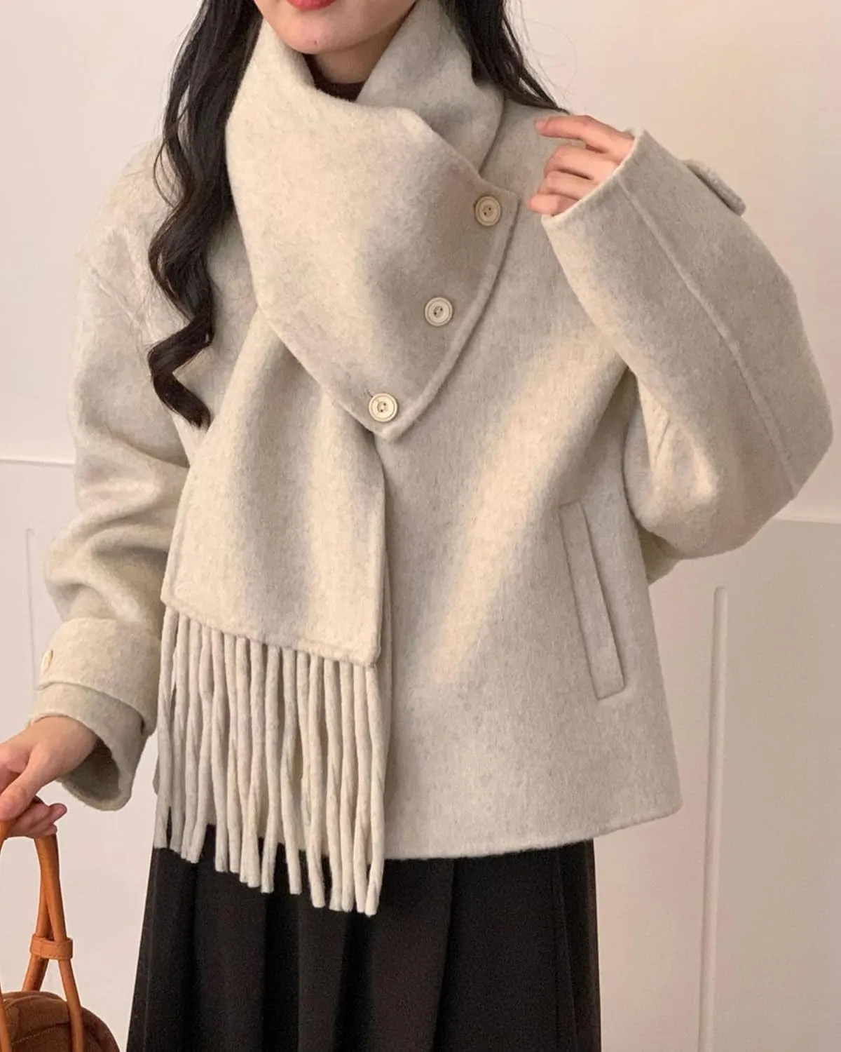 Babalet Wool Blend Double-faced Women Wool Pea Coat Button Scarf Casual Coat Trench Coat Handmade Winter Pockets Jacket