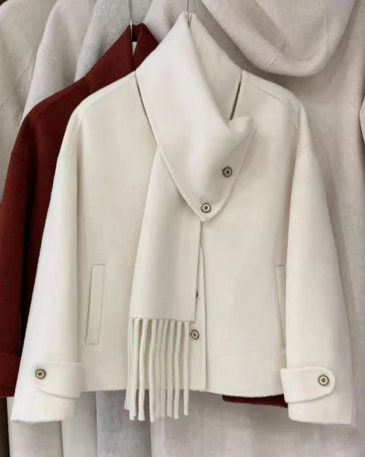 Babalet Wool Blend Double-faced Women Wool Pea Coat Button Scarf Casual Coat Trench Coat Handmade Winter Pockets Jacket