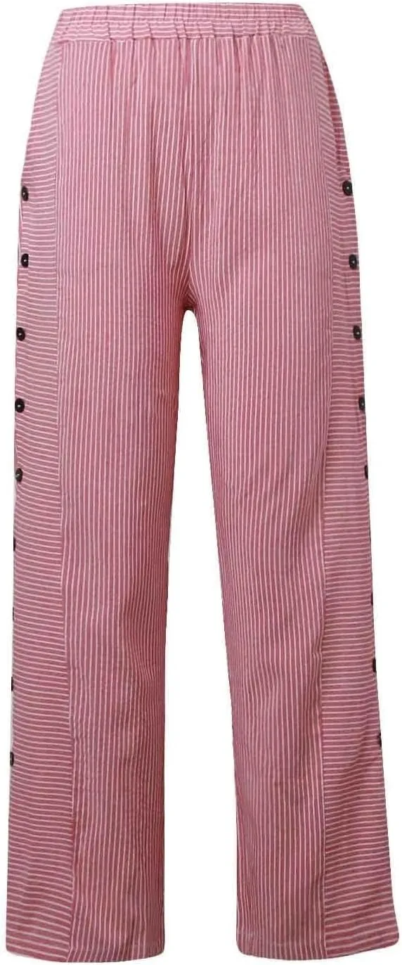 Baggy Striped Pants Women 2025 Trendy Side Button Cotton Linen Pants Straight Leg High Wasited Y2k Pants with Pockets