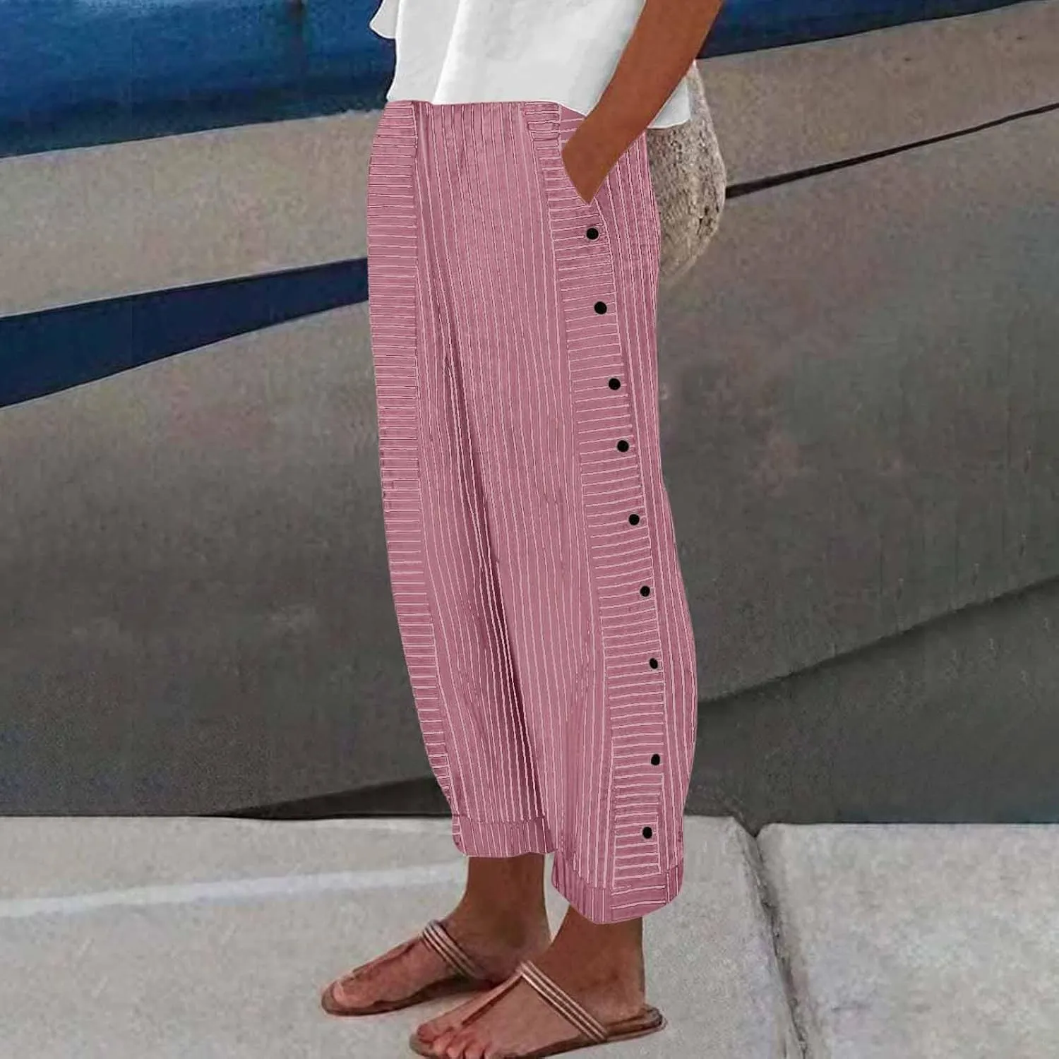 Baggy Striped Pants Women 2025 Trendy Side Button Cotton Linen Pants Straight Leg High Wasited Y2k Pants with Pockets