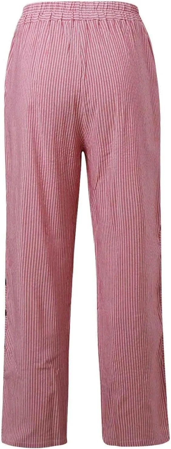 Baggy Striped Pants Women 2025 Trendy Side Button Cotton Linen Pants Straight Leg High Wasited Y2k Pants with Pockets