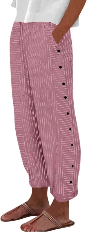 Baggy Striped Pants Women 2025 Trendy Side Button Cotton Linen Pants Straight Leg High Wasited Y2k Pants with Pockets