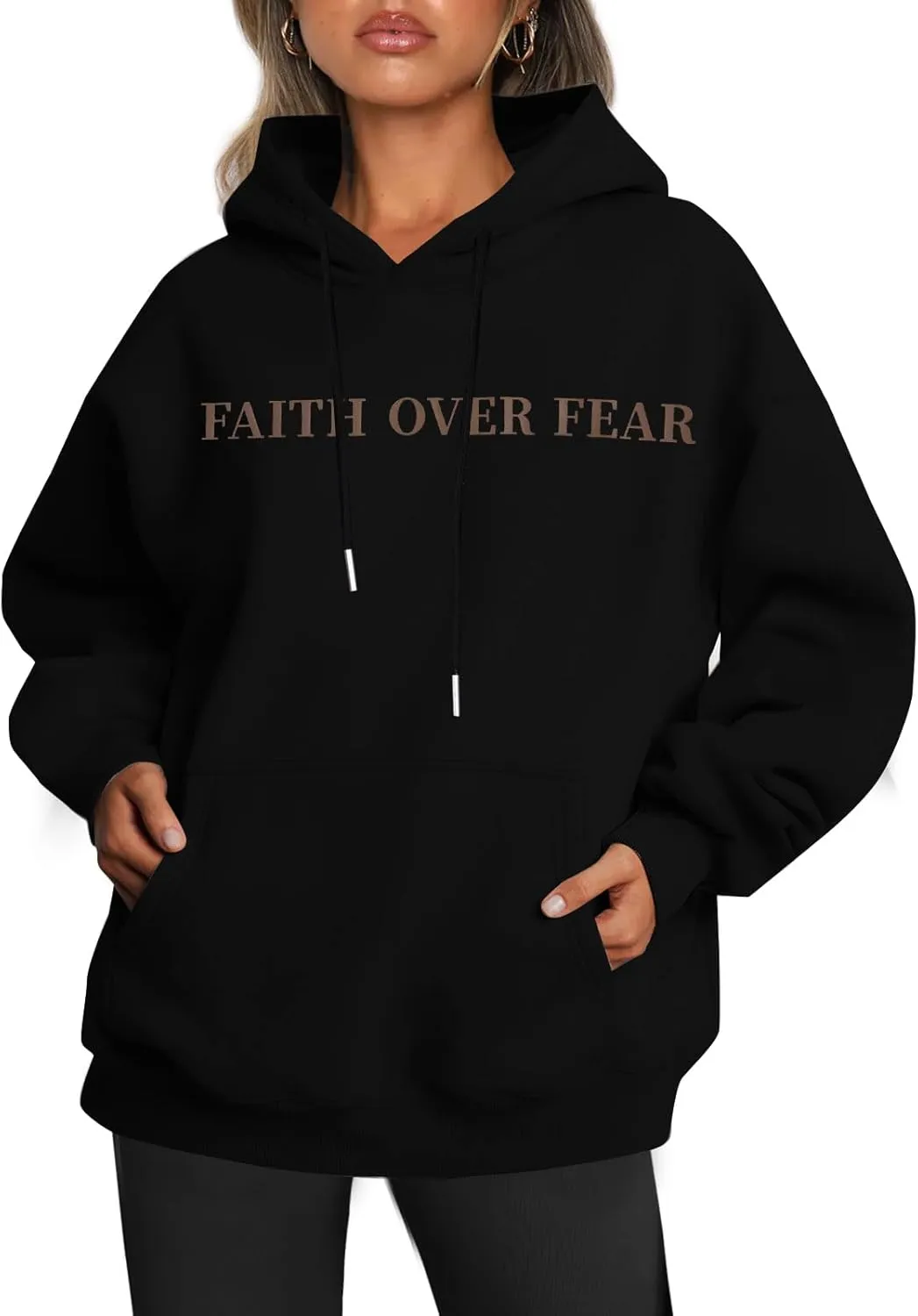 BANGELY Faith Over Fear Hoodie Women Christian Sweatshirt Graphic Christian Religious Sayings Sweater Bible Pullover Tops