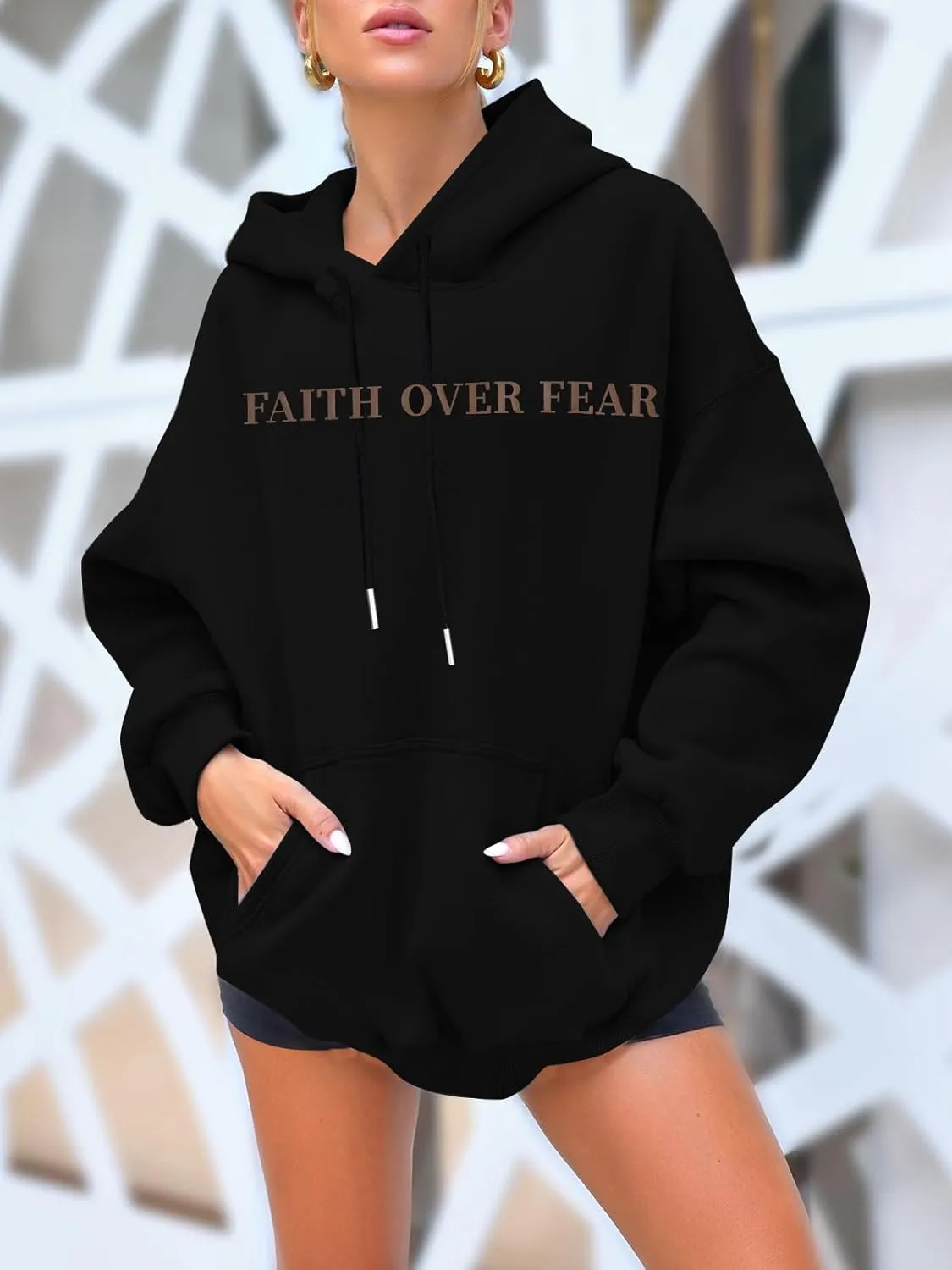 BANGELY Faith Over Fear Hoodie Women Christian Sweatshirt Graphic Christian Religious Sayings Sweater Bible Pullover Tops