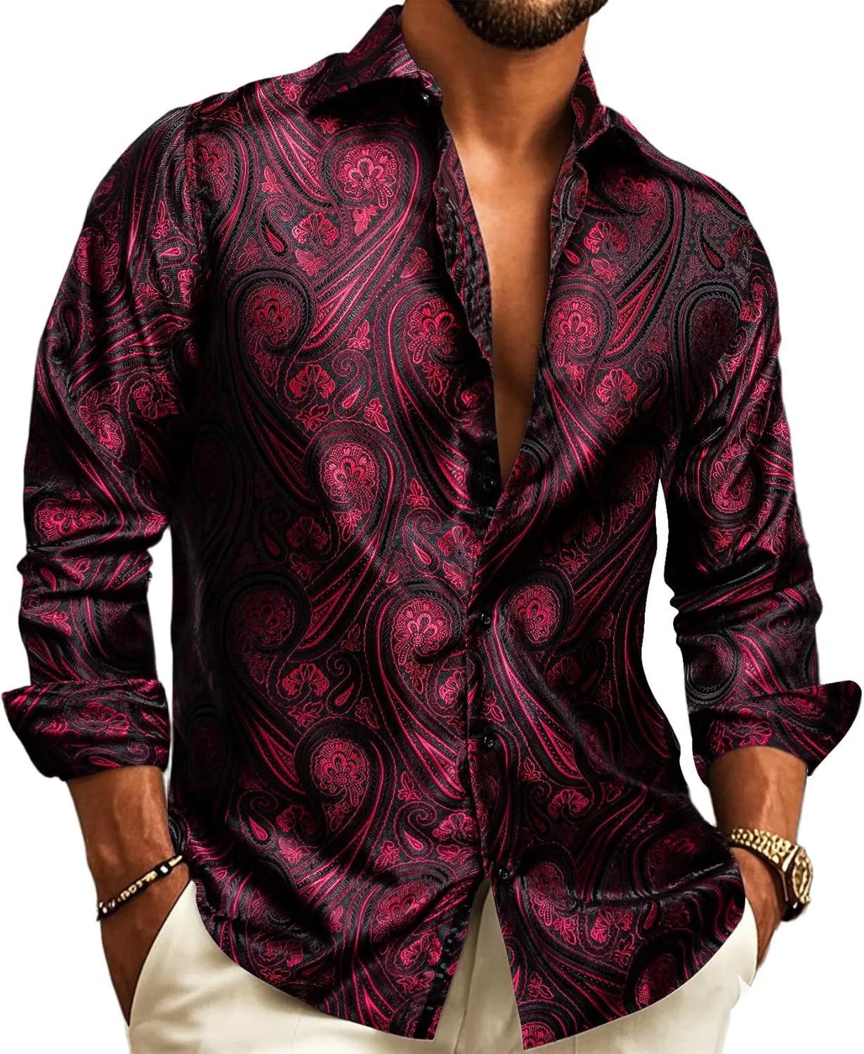 Barry.Wang Mens Western Shirts Silk Paisley Long Sleeve Button Down Dress Shirt Designer Mexico Cowboy Shirt Party Casual