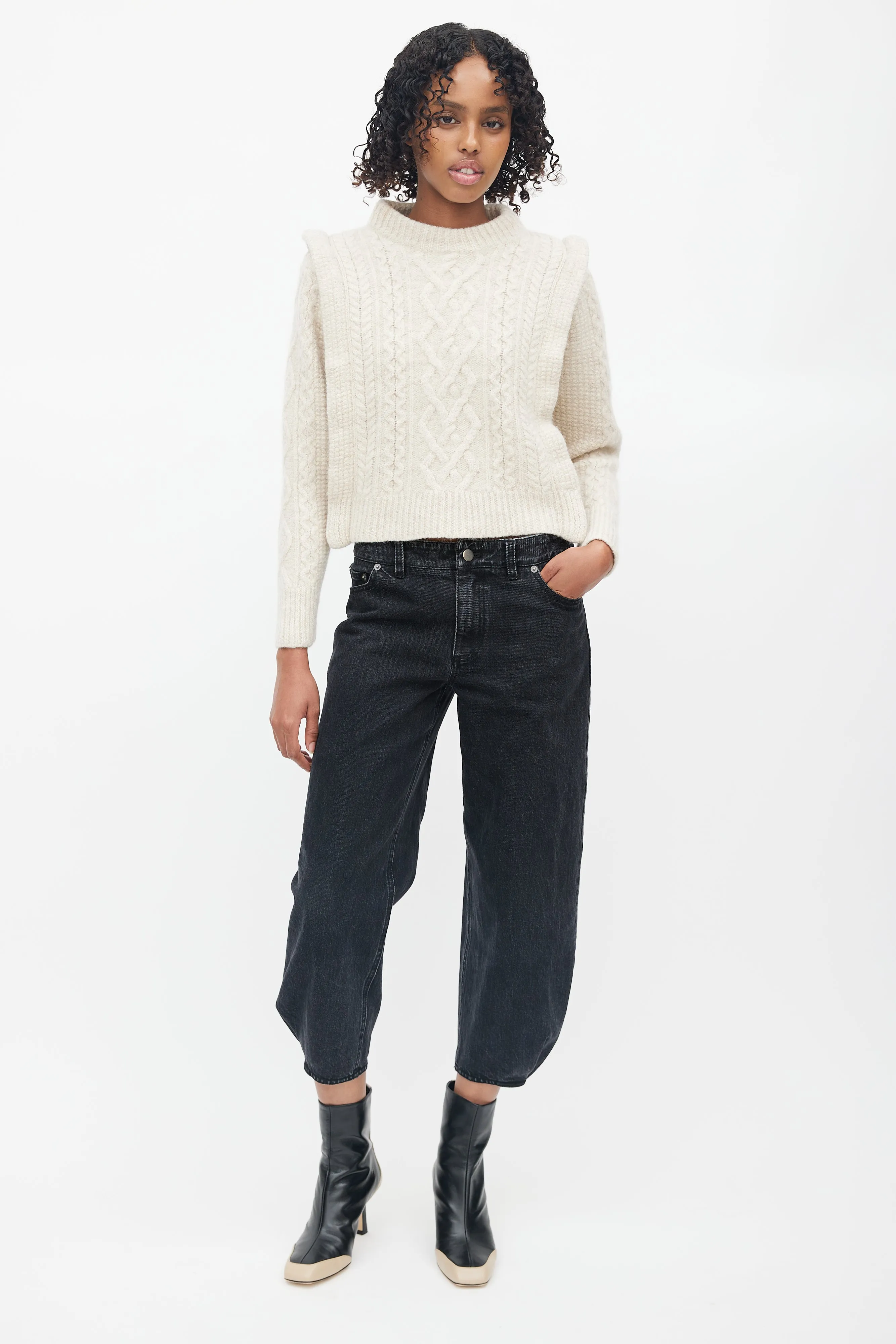 Beige Cable Knit Mockneck Sweater