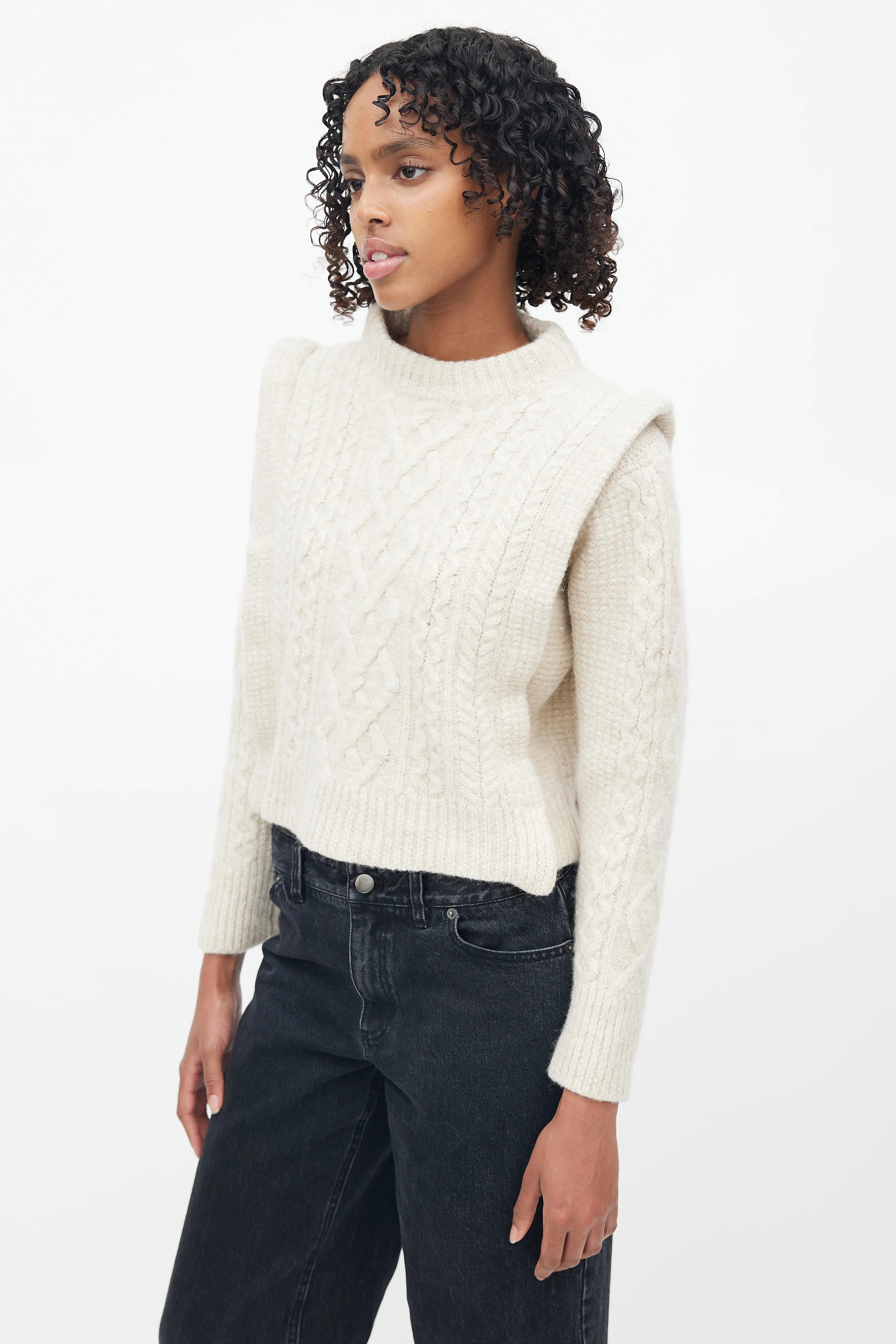 Beige Cable Knit Mockneck Sweater