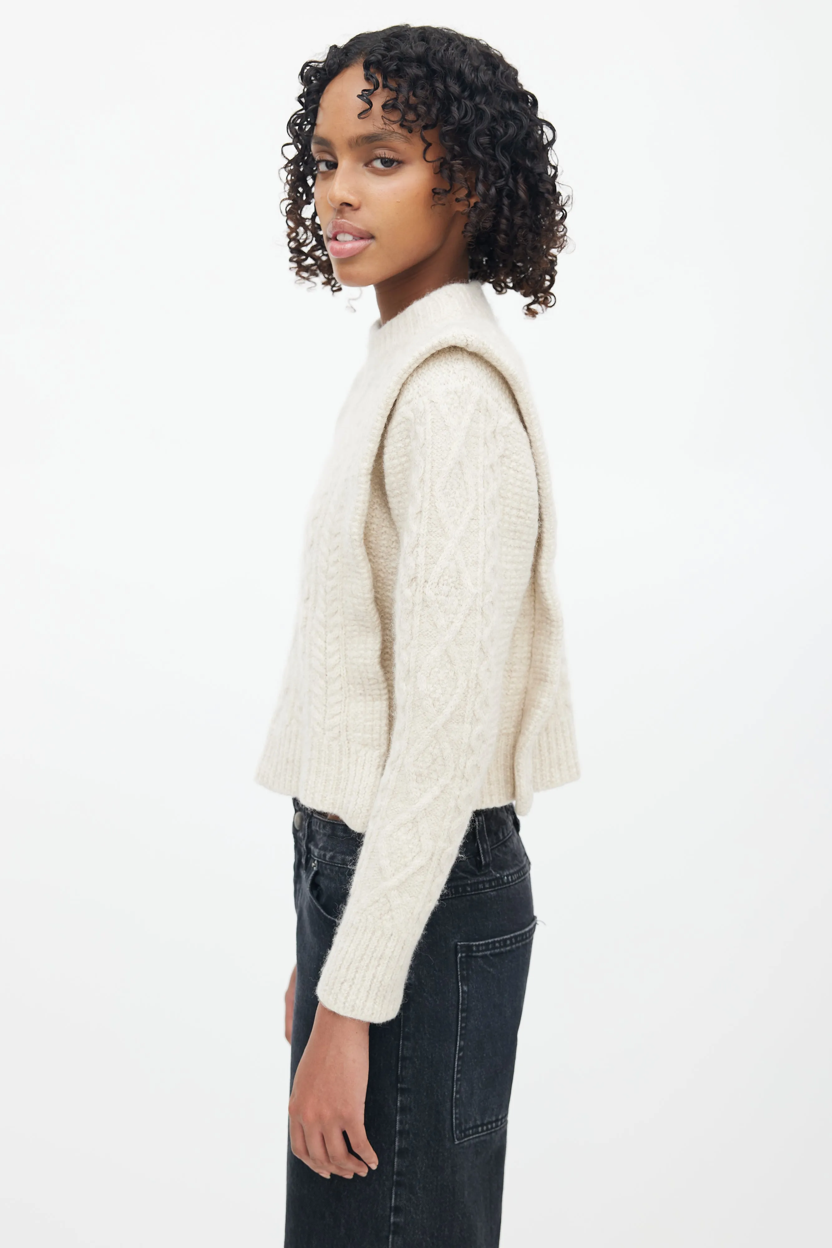 Beige Cable Knit Mockneck Sweater