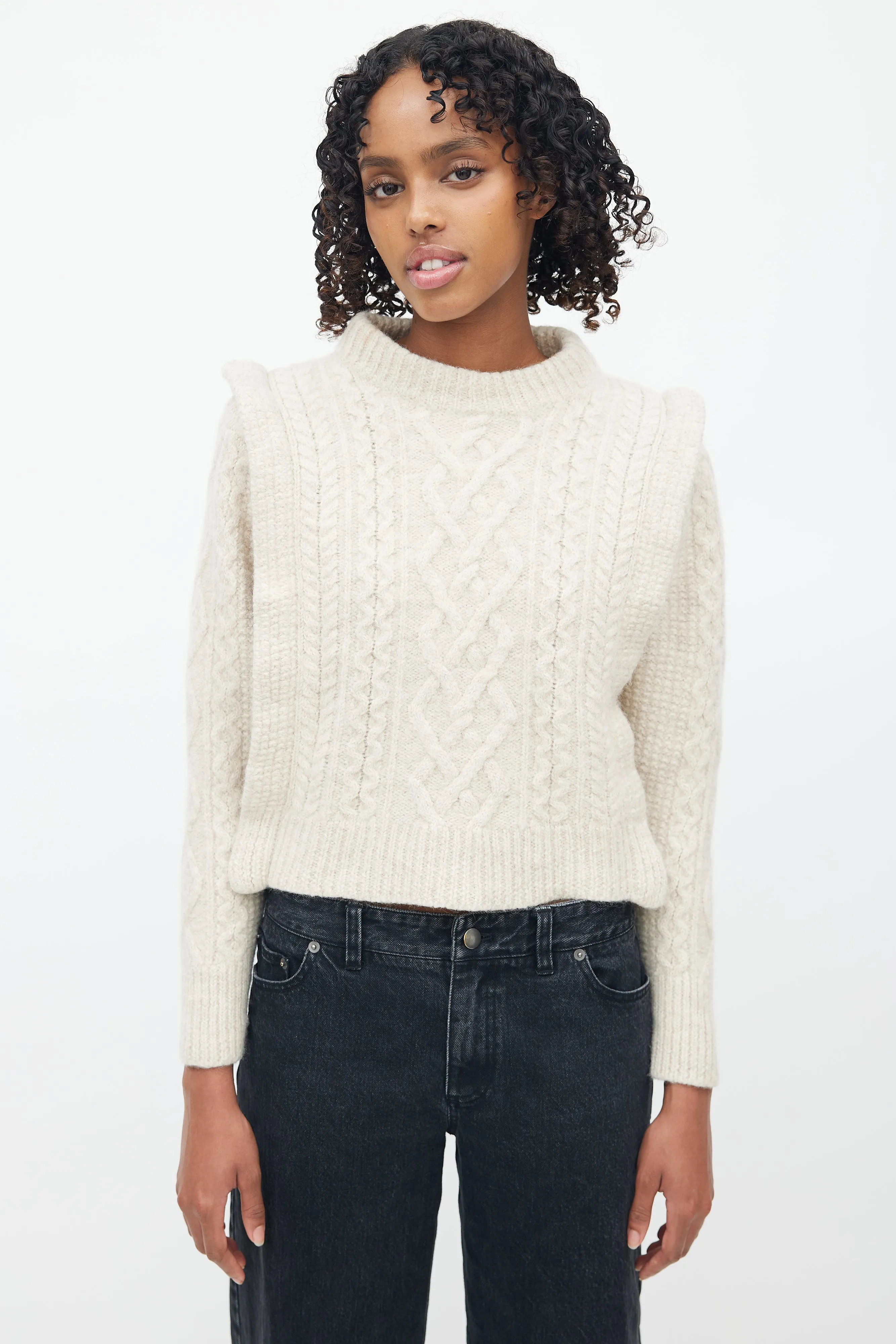 Beige Cable Knit Mockneck Sweater