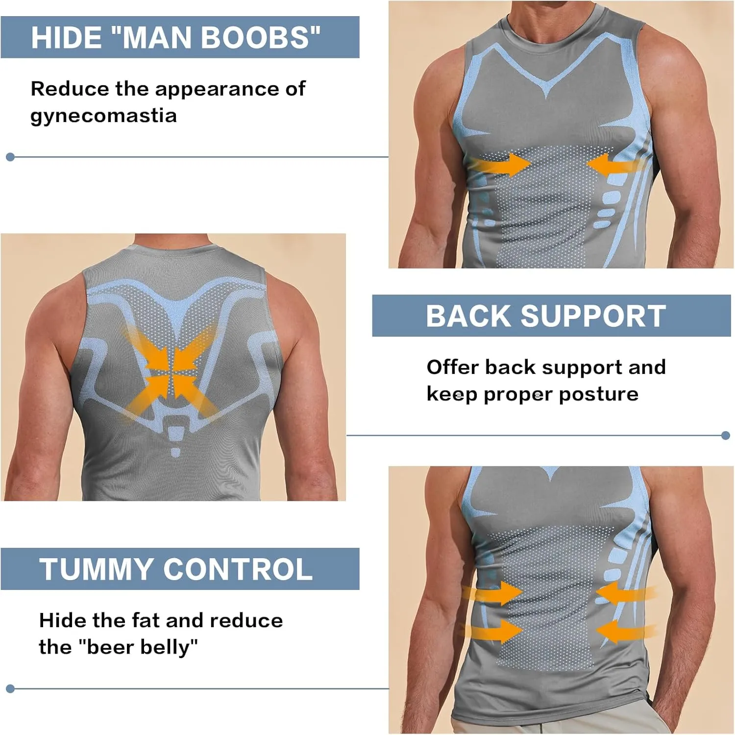 Beotyshow Ionic Shaping Sleeveless Shirt Gynecomastia Compression Shirts Slimming Body Shaper Vest Shapewear Tank Top for Men