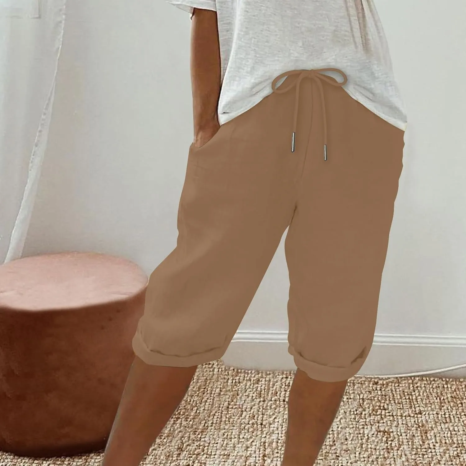 Bermuda Shorts for Women Summer Linen Wide Leg Pants Drawstring High Waist Pants with Pockets Casual Beach Shorts