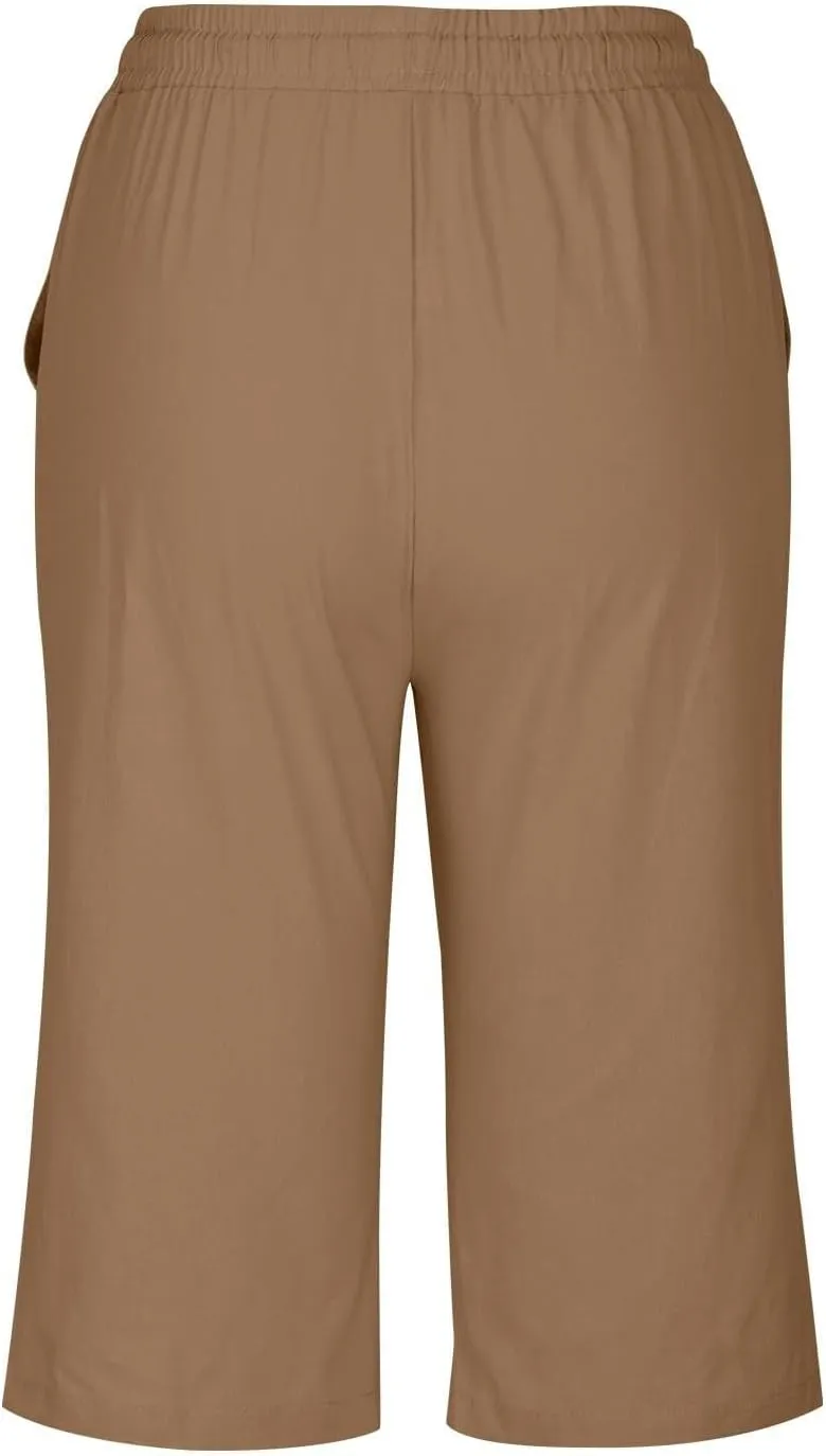 Bermuda Shorts for Women Summer Linen Wide Leg Pants Drawstring High Waist Pants with Pockets Casual Beach Shorts