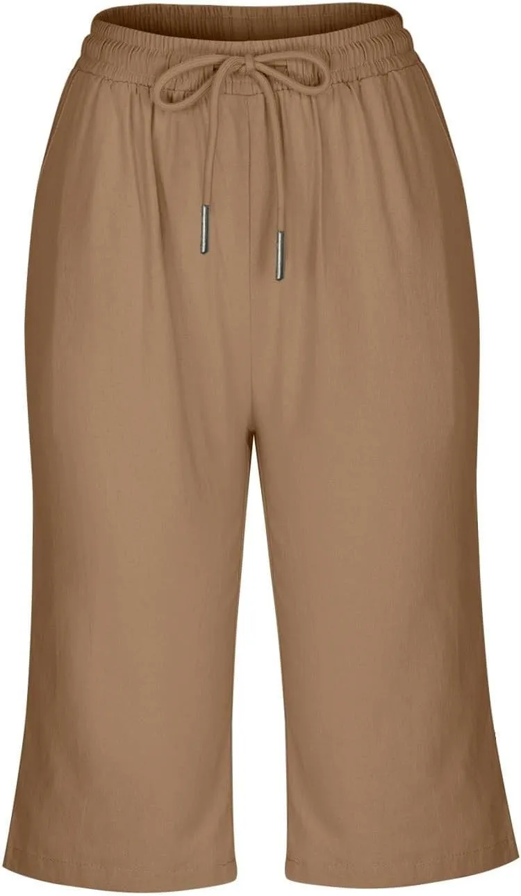 Bermuda Shorts for Women Summer Linen Wide Leg Pants Drawstring High Waist Pants with Pockets Casual Beach Shorts