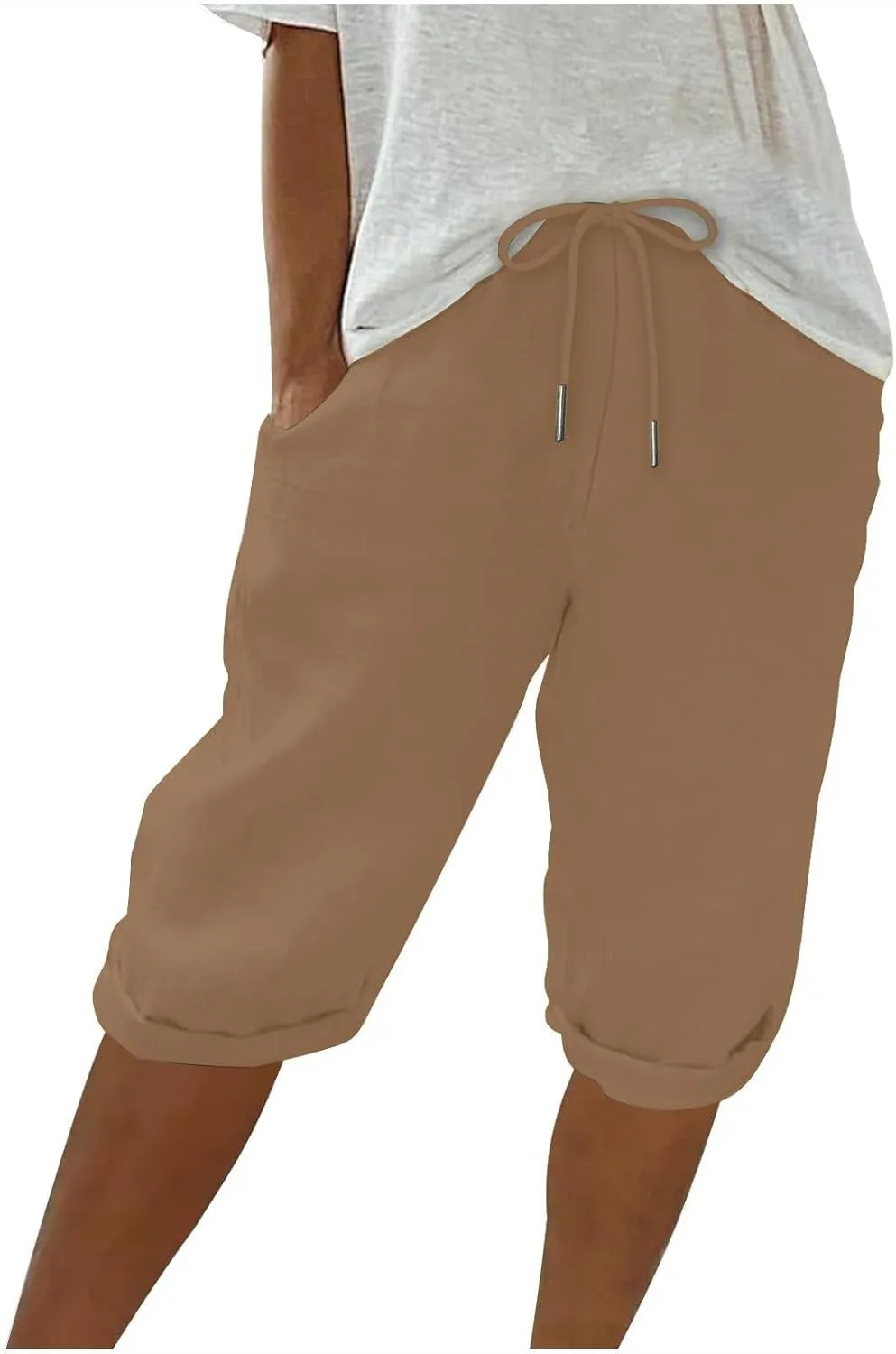 Bermuda Shorts for Women Summer Linen Wide Leg Pants Drawstring High Waist Pants with Pockets Casual Beach Shorts