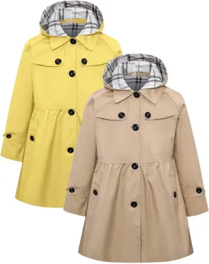 Betusline Girls 2 Packs Trench Coat Hooded Lightweight Single Breasted Dress Outerwear Jacket,2-14 Years