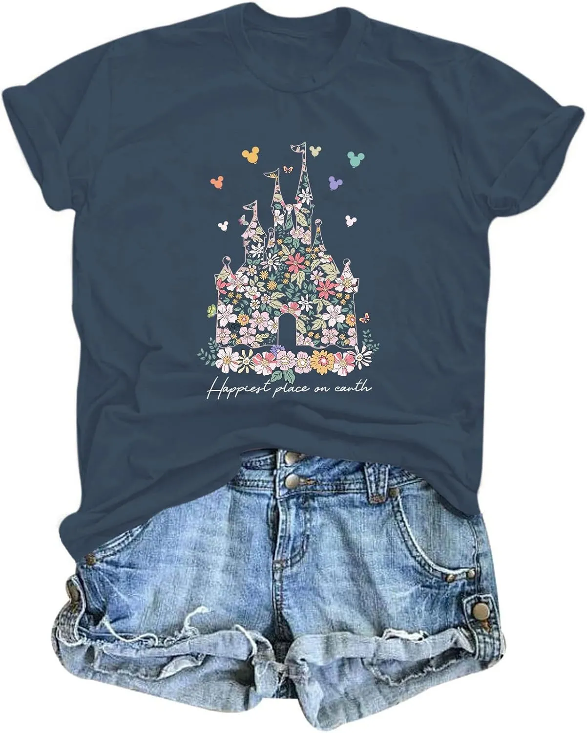 Bobeutou Magic Kingdom Shirts for Women Floral Castle Graphic T Shirt Flower Holiday Vacation Shirt Funny Cute Tee Tops