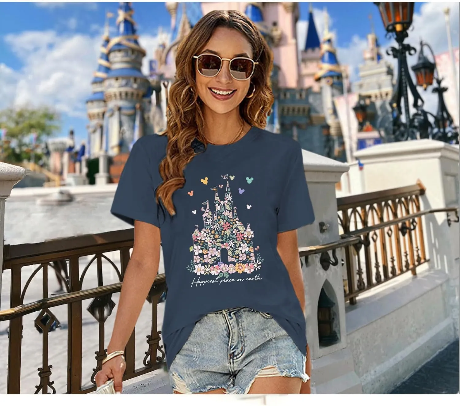 Bobeutou Magic Kingdom Shirts for Women Floral Castle Graphic T Shirt Flower Holiday Vacation Shirt Funny Cute Tee Tops