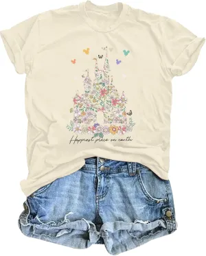 Bobeutou Magic Kingdom Shirts for Women Floral Castle Graphic T Shirt Flower Holiday Vacation Shirt Funny Cute Tee Tops