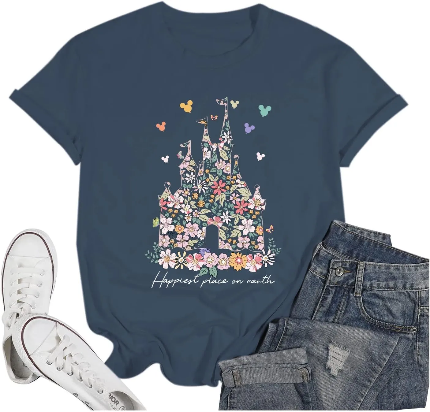 Bobeutou Magic Kingdom Shirts for Women Floral Castle Graphic T Shirt Flower Holiday Vacation Shirt Funny Cute Tee Tops
