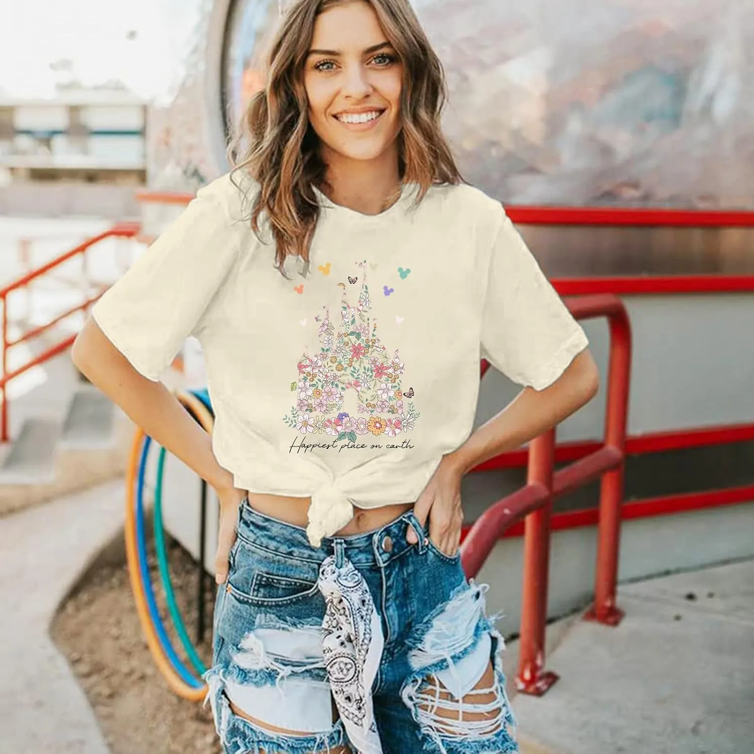 Bobeutou Magic Kingdom Shirts for Women Floral Castle Graphic T Shirt Flower Holiday Vacation Shirt Funny Cute Tee Tops